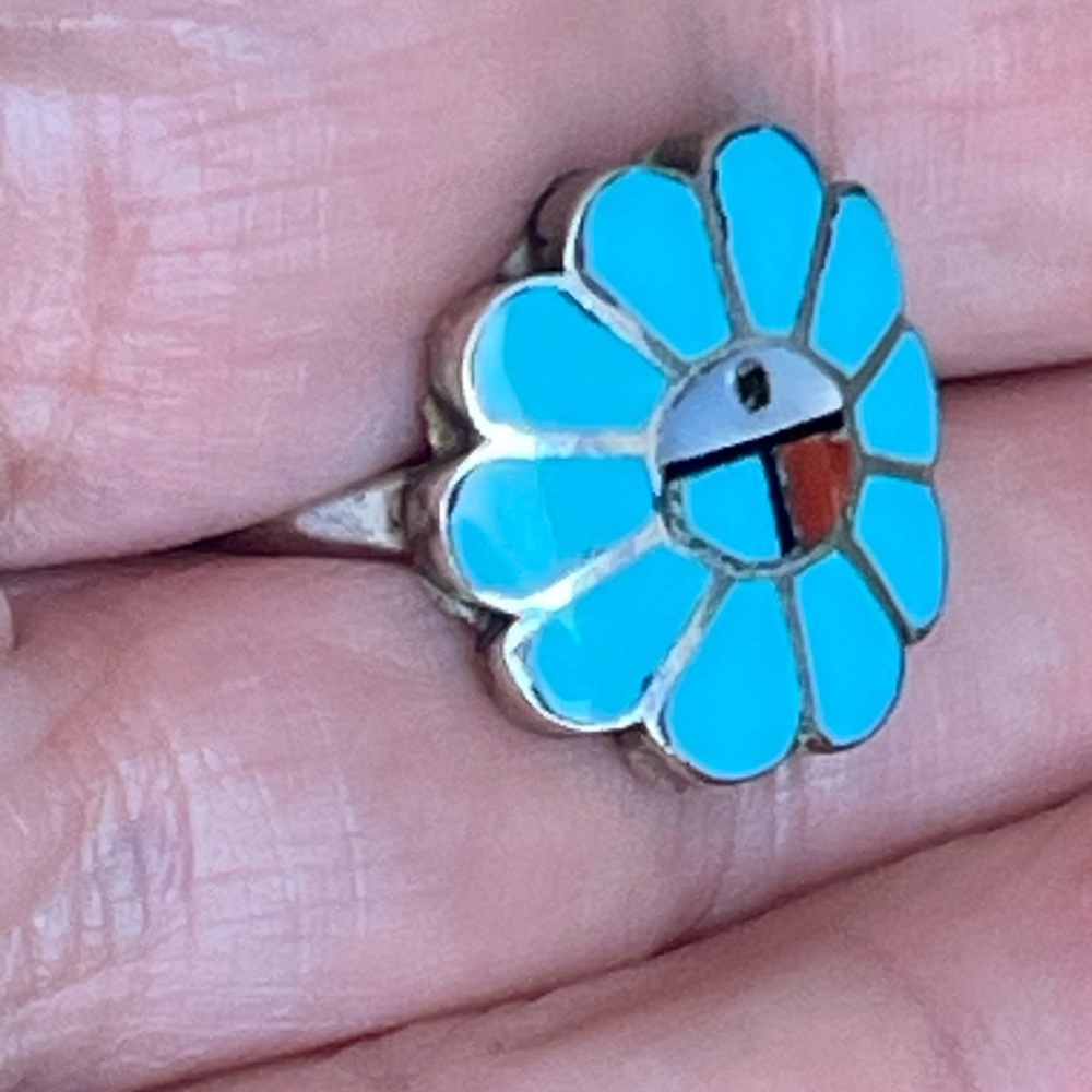 VTG NATIVE AMERICAN Zuni Sterling Silver SUNFACE Turquoise  Ring Size 7.75 Sign